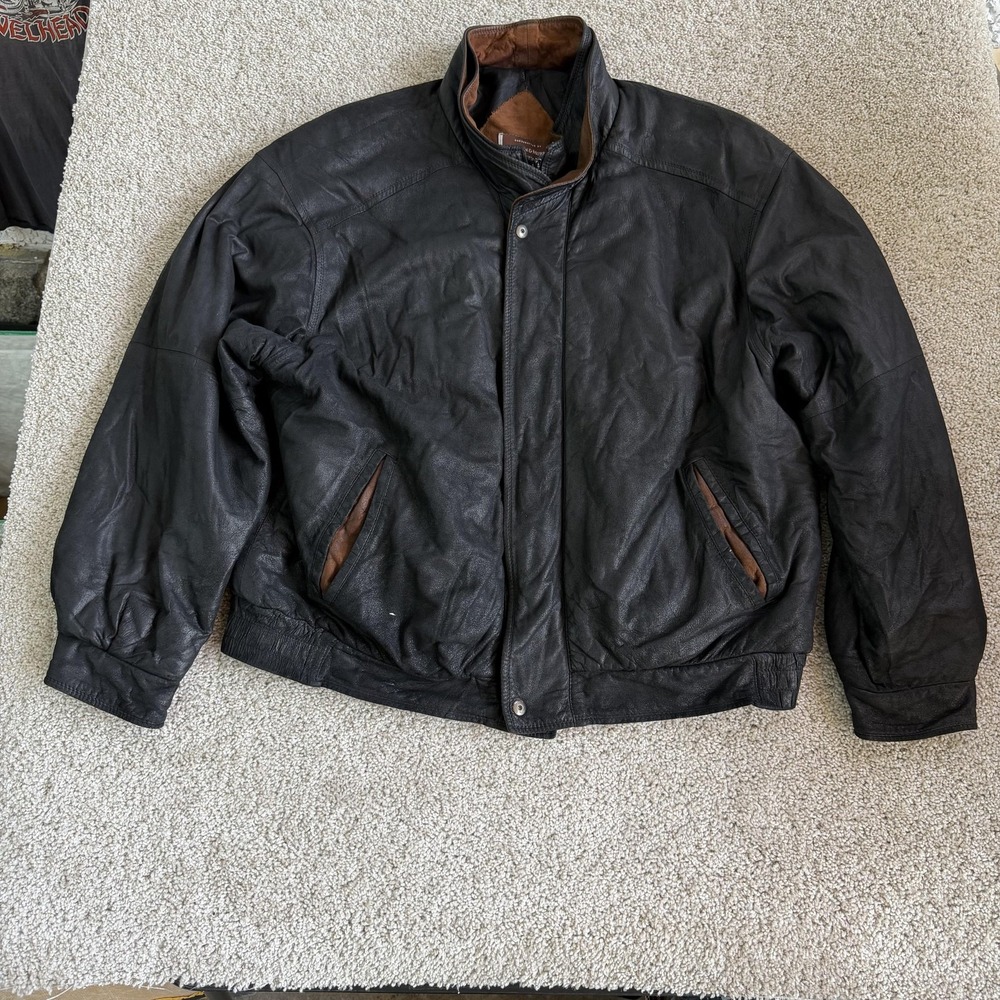 Johnston & Murphy Jacket Mens 46 Black Leather Bomber Elastic Waist Lined Zip